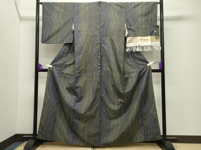 平和屋着物●石川県指定無形文化財　牛首紬　白山工房　手織り　幾何学文様　上代76万　証紙付き　正絹　逸品　CABG4381gh