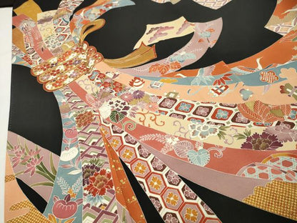 平和屋着物●創業460年・千總　黒留袖　駒刺繍　束ね熨斗飛鶴花文　金彩　正絹　逸品　CABG4386gh