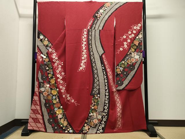 平和屋着物●豪華振袖　駒刺繍　絞り　御所車花文　金銀彩　京都きもの友禅扱い　正絹　逸品　CABG4387gh