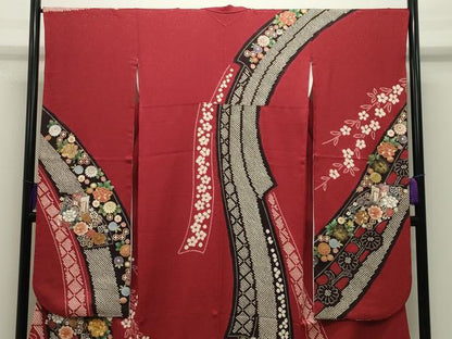 平和屋着物●豪華振袖　駒刺繍　絞り　御所車花文　金銀彩　京都きもの友禅扱い　正絹　逸品　CABG4387gh