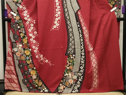 平和屋着物●豪華振袖　駒刺繍　絞り　御所車花文　金銀彩　京都きもの友禅扱い　正絹　逸品　CABG4387gh