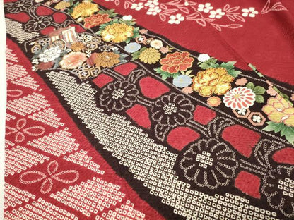 平和屋着物●豪華振袖　駒刺繍　絞り　御所車花文　金銀彩　京都きもの友禅扱い　正絹　逸品　CABG4387gh
