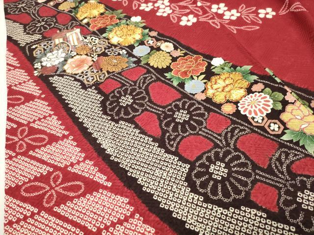 平和屋着物●豪華振袖　駒刺繍　絞り　御所車花文　金銀彩　京都きもの友禅扱い　正絹　逸品　CABG4387gh