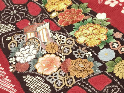平和屋着物●豪華振袖　駒刺繍　絞り　御所車花文　金銀彩　京都きもの友禅扱い　正絹　逸品　CABG4387gh