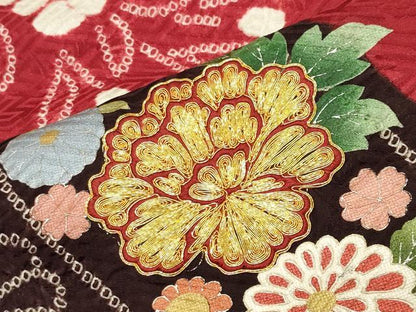 平和屋着物●豪華振袖　駒刺繍　絞り　御所車花文　金銀彩　京都きもの友禅扱い　正絹　逸品　CABG4387gh