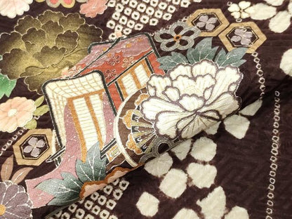 平和屋着物●豪華振袖　駒刺繍　絞り　御所車花文　金銀彩　京都きもの友禅扱い　正絹　逸品　CABG4387gh