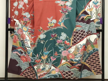 平和屋着物●豪華振袖　紅型　尾長鳥風景花文　正絹　逸品　CABG4392gh