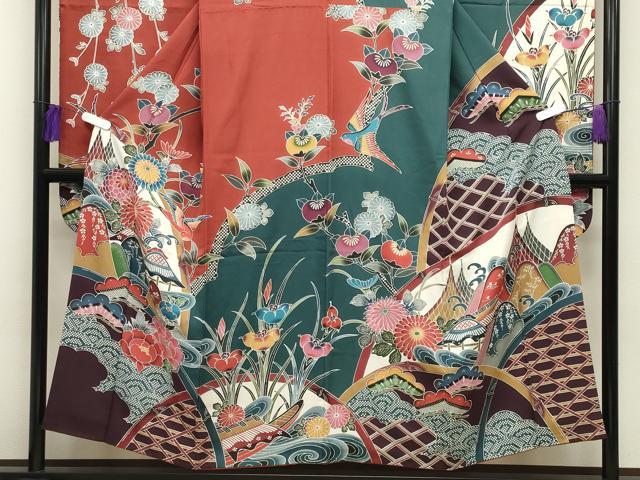 平和屋着物●豪華振袖　紅型　尾長鳥風景花文　正絹　逸品　CABG4392gh