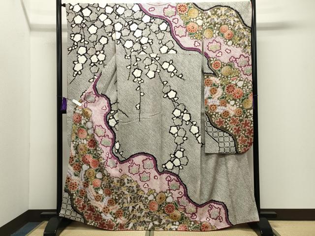 平和屋着物●豪華振袖　辻が花　絞り　黒地　金彩　正絹　逸品　CABG4398gh