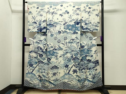 平和屋着物●訪問着　藍　型染め　鳳凰松竹梅文　鬼しぼ縮緬　正絹　逸品　CABG4399gh