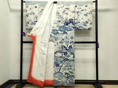 平和屋着物●訪問着　藍　型染め　鳳凰松竹梅文　鬼しぼ縮緬　正絹　逸品　CABG4399gh