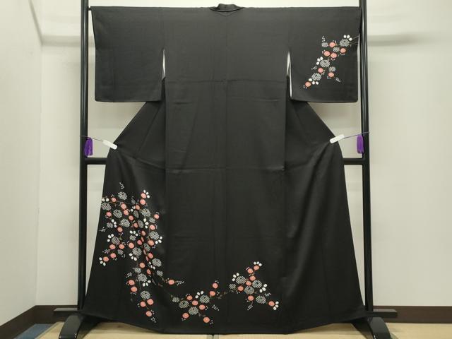 平和屋着物●訪問着　絞り　万寿菊　黒地　金彩　正絹　逸品　CABG4427gh