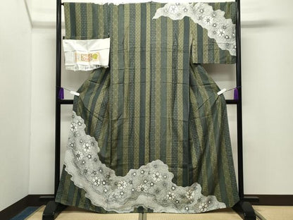 平和屋着物●本場縞大島紬　訪問着　絞り　道長花文　堀之内織物謹製　証紙付き　正絹　逸品　未使用　CABG4455gh
