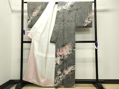 平和屋着物●訪問着　刺繍　枝梅文　たたき染め　黒地　金彩　正絹　逸品　CABG4482gh