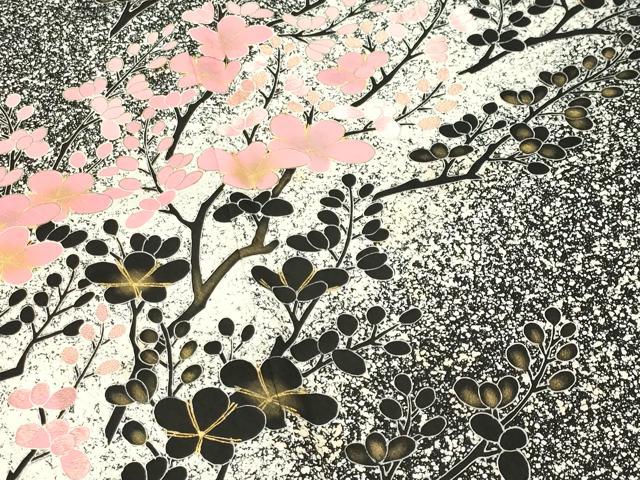 平和屋着物●訪問着　刺繍　枝梅文　たたき染め　黒地　金彩　正絹　逸品　CABG4482gh