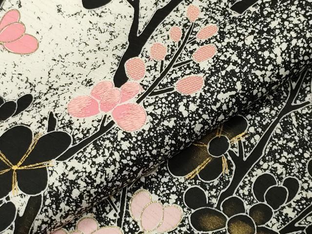 平和屋着物●訪問着　刺繍　枝梅文　たたき染め　黒地　金彩　正絹　逸品　CABG4482gh