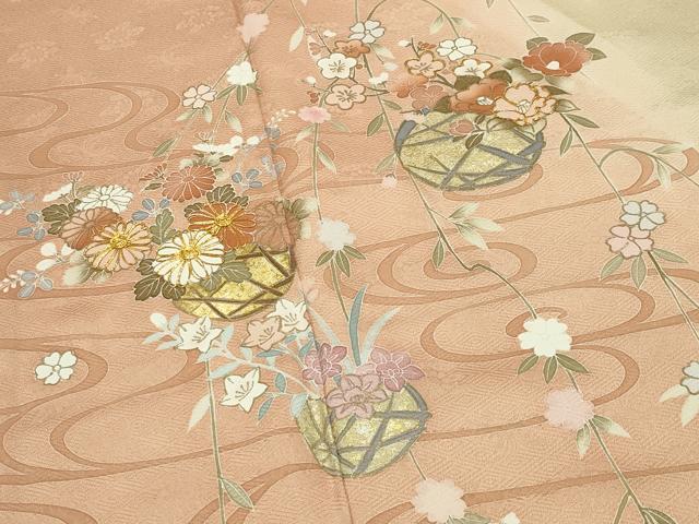 平和屋着物●訪問着　駒刺繍　流水花籠文　暈し染め　金銀彩　鈴乃屋扱い　正絹　逸品　CABG4496gh