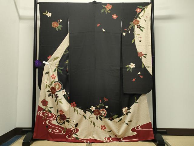 平和屋着物●豪華振袖　流水花蝶文　黒地　金彩　正絹　逸品　CABG4506gh