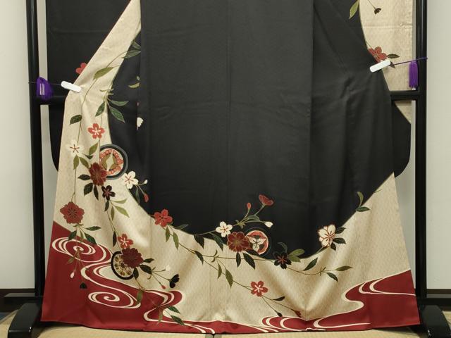 平和屋着物●豪華振袖　流水花蝶文　黒地　金彩　正絹　逸品　CABG4506gh