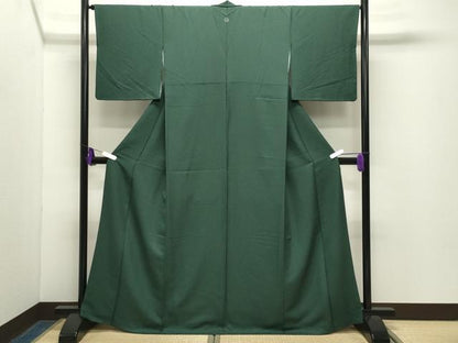 平和屋着物●上質な色無地　舞葉地紋　深緑色　正絹　逸品　CABG4510gh