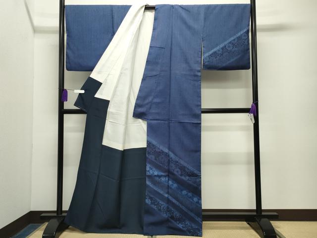平和屋着物●訪問着　紬地　藍　型染め　花唐草文　正絹　逸品　CABG4519gh