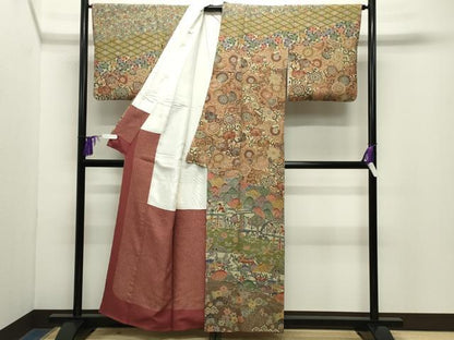平和屋着物●訪問着　型染め　飛鶴人物風景花文　正絹　逸品　CABG4525gh