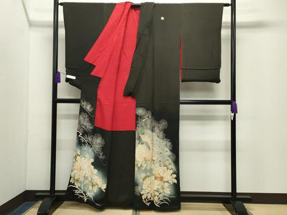 平和屋着物●アンティーク　大正ロマン　黒留袖　刺繍　孔雀花文　暈し染め　金糸　正絹　逸品　CABG4545gh
