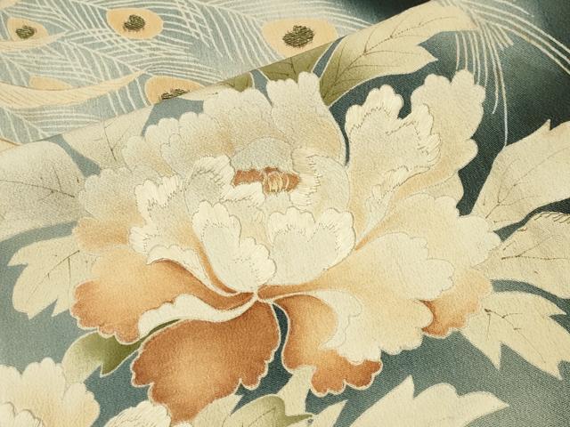 平和屋着物●アンティーク　大正ロマン　黒留袖　刺繍　孔雀花文　暈し染め　金糸　正絹　逸品　CABG4545gh