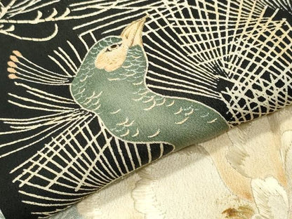 平和屋着物●アンティーク　大正ロマン　黒留袖　刺繍　孔雀花文　暈し染め　金糸　正絹　逸品　CABG4545gh