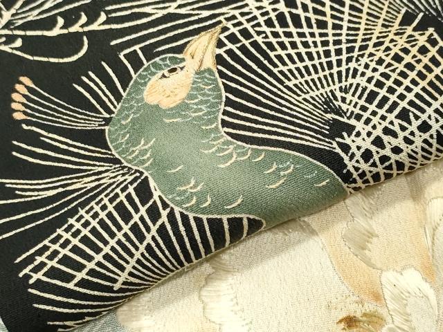 平和屋着物●アンティーク　大正ロマン　黒留袖　刺繍　孔雀花文　暈し染め　金糸　正絹　逸品　CABG4545gh