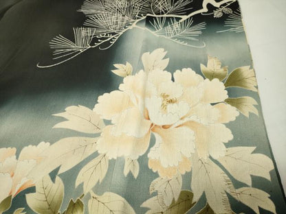 平和屋着物●アンティーク　大正ロマン　黒留袖　刺繍　孔雀花文　暈し染め　金糸　正絹　逸品　CABG4545gh