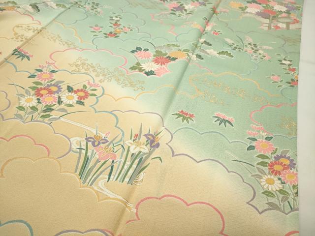 平和屋着物●訪問着　雲重ね花文　暈し染め　金彩　正絹　逸品　CABG4583gh