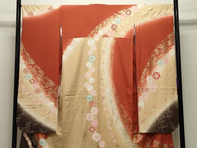 平和屋着物●豪華振袖・長襦袢セット　駒刺繍　舞花文　暈し染め　金彩　半衿刺繍　正絹　逸品　CABG4603gh