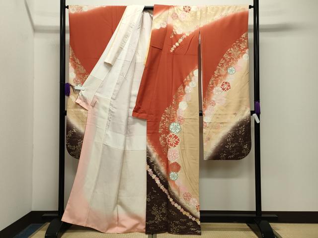 平和屋着物●豪華振袖・長襦袢セット　駒刺繍　舞花文　暈し染め　金彩　半衿刺繍　正絹　逸品　CABG4603gh