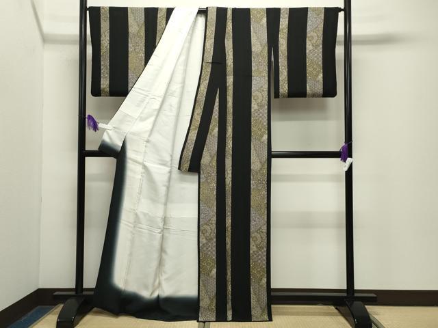 平和屋着物●上質な小紋　更紗間道　黒地　正絹　逸品　CABG4605gh