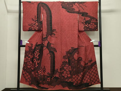 平和屋着物●訪問着　総絞り　流水籬花文　黒地　正絹　逸品　CABG4608gh