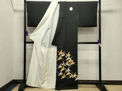 平和屋着物●国際的伝統工芸作家　十二代・藤林徳扇　苑寿　黒留袖　駒刺繍　群鶴文　正絹　逸品　未使用　CABG4634gh