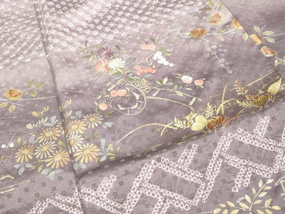 平和屋着物●訪問着　絞り　刺繍　流水花車文　暈し染め　金銀彩　正絹　逸品　CABG4639gh