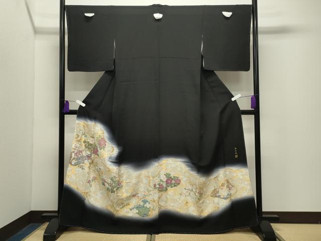 平和屋着物●豪華黒留袖　作家物　寿光織　花唐草文　暈し染め　金銀糸　京都きもの友禅扱い　正絹　逸品　未使用　CABG4644gh
