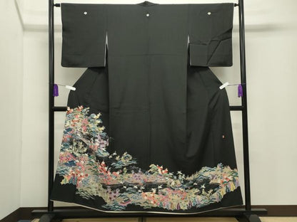 平和屋着物●豪華黒留袖　友禅　作家物　風景飛鳥松竹梅文　正絹　逸品　CABG4646gh