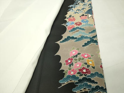 平和屋着物●豪華黒留袖　友禅　作家物　風景飛鳥松竹梅文　正絹　逸品　CABG4646gh