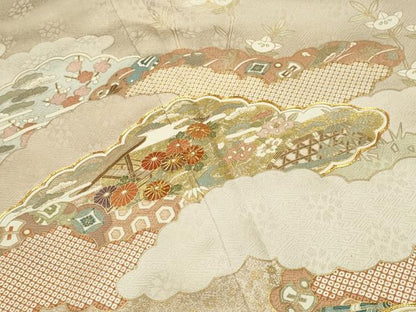 平和屋着物●訪問着　作家物　駒刺繍　雲重ね風景花文　金彩　正絹　逸品　CABG4663gh