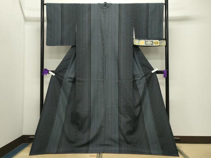 平和屋着物●塩沢絣　110亀甲　麻の葉間道　証紙付き　ロング丈　正絹　逸品　未使用　CABG4692gh