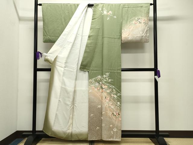 平和屋着物●訪問着　駒刺繍　枝花文　暈し染め　金彩　正絹　逸品　CABG4721gh