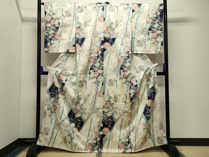 平和屋着物●創業460年・千總　小紋　草花文　銀彩　正絹　逸品　CABG4723gh