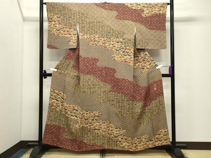 平和屋着物●訪問着　韮沢浩二作　型染め　宝尽くし梅笹文　鬼しぼ縮緬　正絹　逸品　CABG4731gh