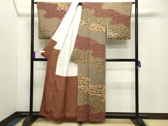 平和屋着物●訪問着　韮沢浩二作　型染め　宝尽くし梅笹文　鬼しぼ縮緬　正絹　逸品　CABG4731gh