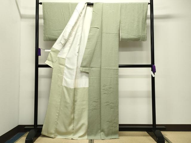平和屋着物●無地絵羽訪問着　総刺繍　雪芝地紋　若葉色　やまと誂製　正絹　逸品　未使用　CABG4739gh