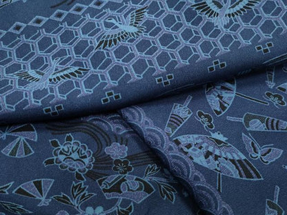 平和屋着物●上質な小紋　藍　飛鶴番傘花蝶文　正絹　逸品　CABG4746gh