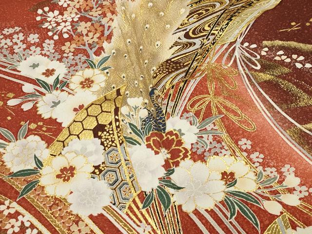 平和屋着物●訪問着　扇面孔雀花文　暈し染め　金彩　正絹　逸品　CABG4748gh